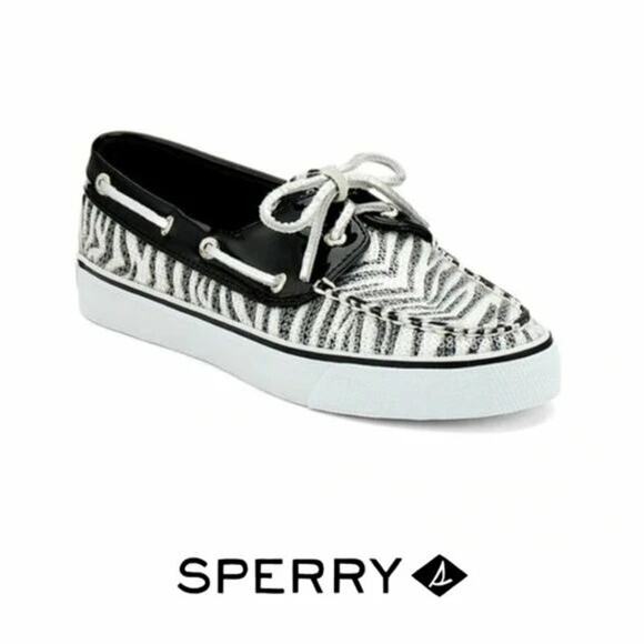 Sperry Sequin Animal Print Boat Shoes Size6 Patent Leather Lace up Black White - Picture 1 of 8